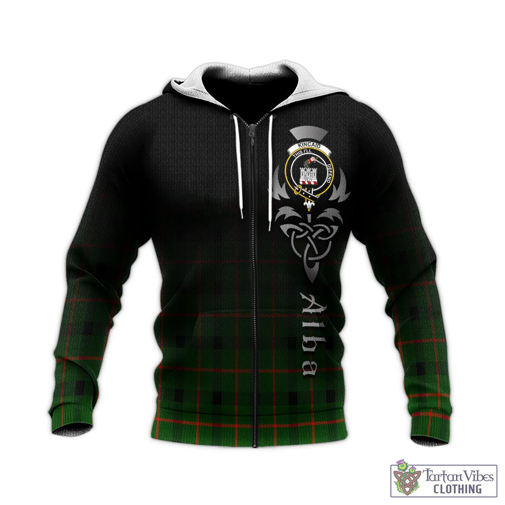Tartan Vibes Clothing Kincaid Modern Tartan Knitted Hoodie Featuring Alba Gu Brath Family Crest Celtic Inspired