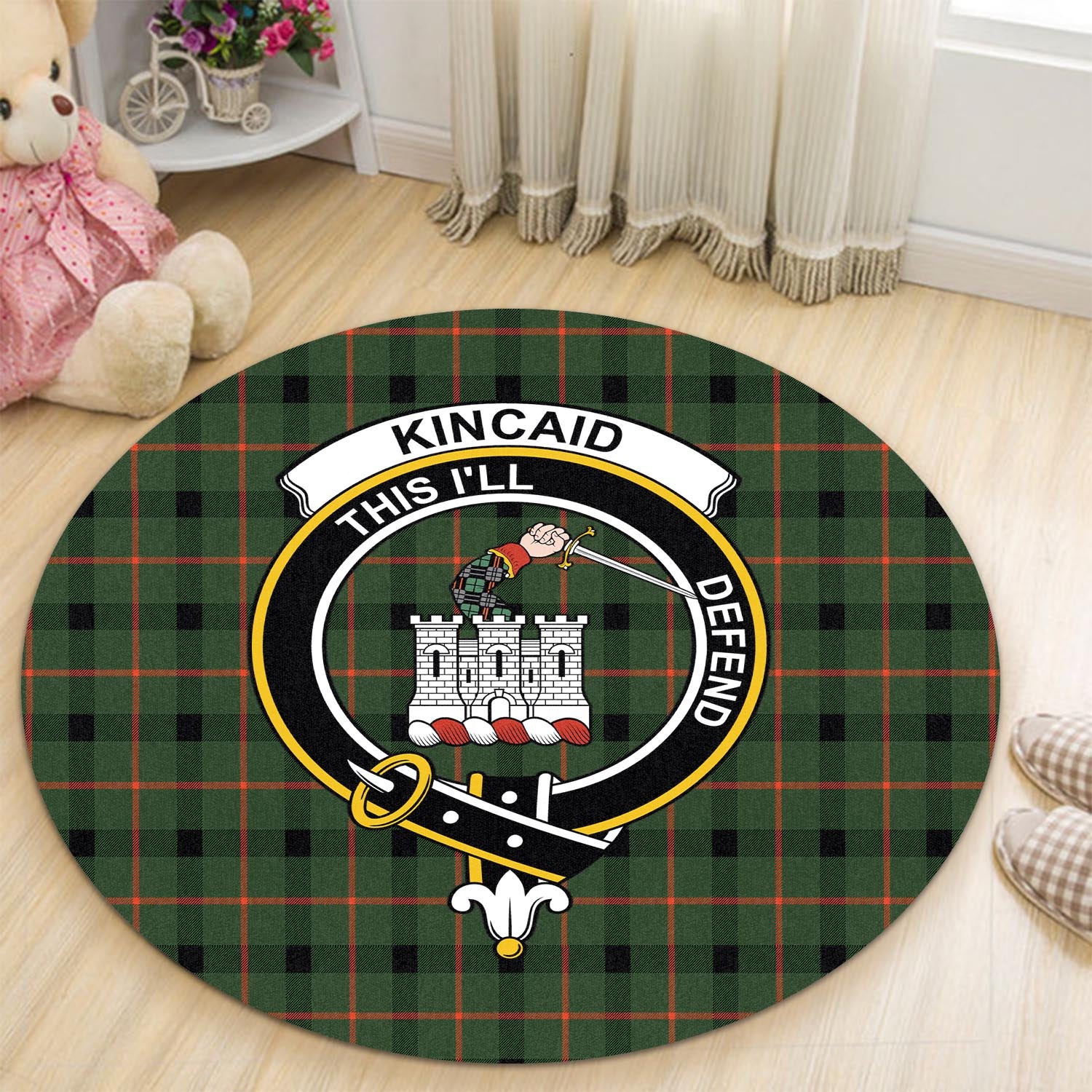 kincaid-modern-tartan-round-rug-with-family-crest