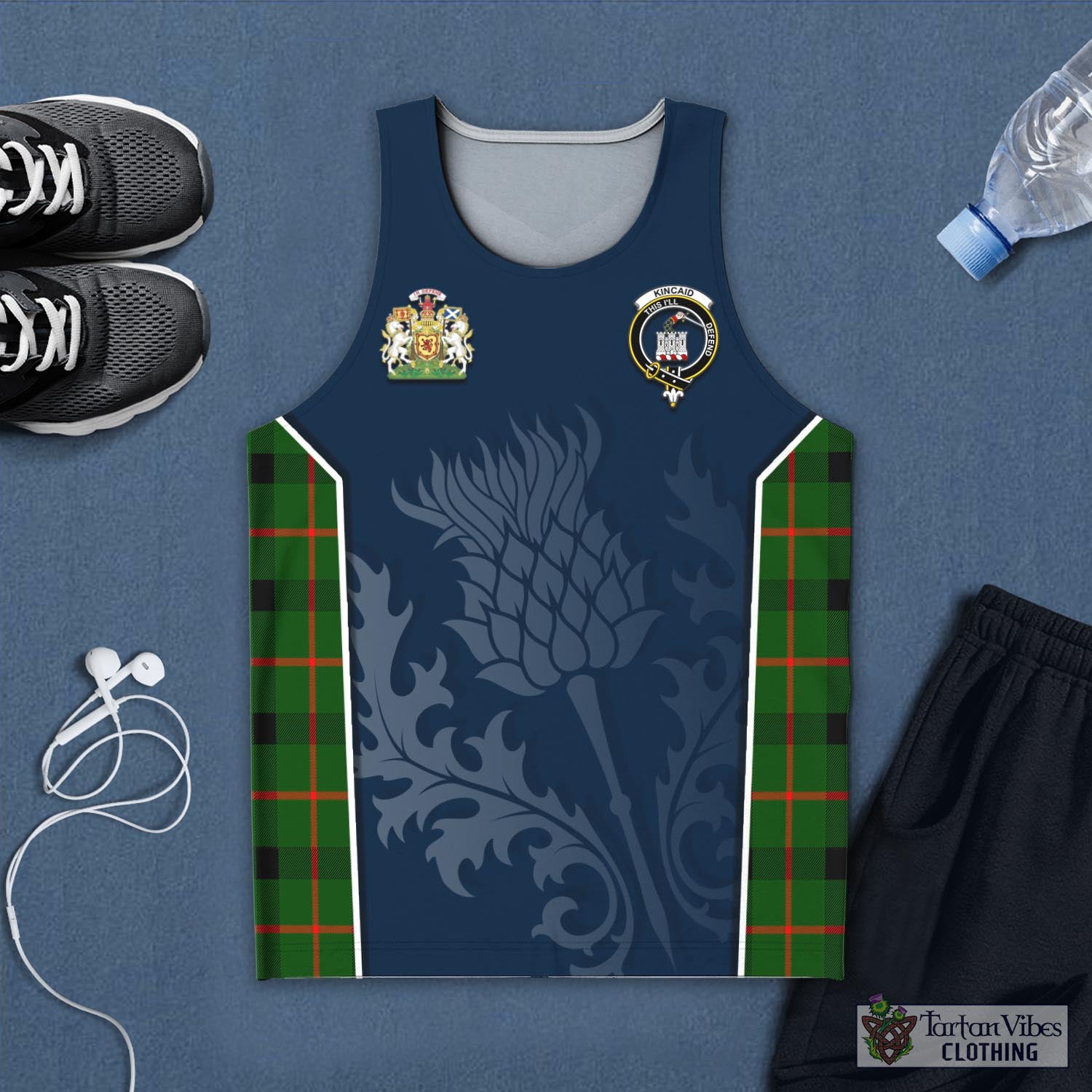 Tartan Vibes Clothing Kincaid Modern Tartan Men's Tanks Top with Family Crest and Scottish Thistle Vibes Sport Style