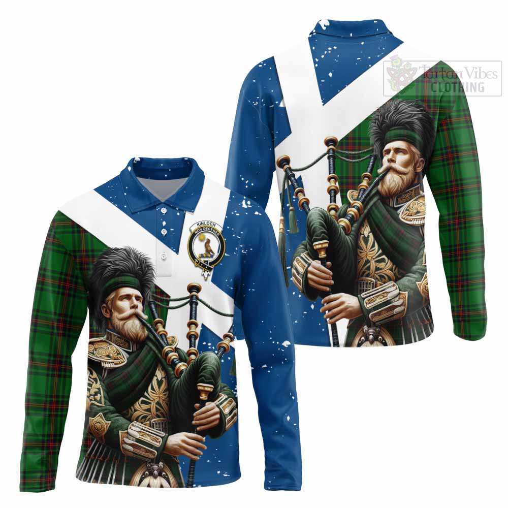 Tartan Vibes Clothing Kinloch Tartan Long Sleeve Polo Shirt with Family Crest Scottish Bagpiper Vibes