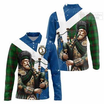 Kinloch Tartan Long Sleeve Polo Shirt with Family Crest Scottish Bagpiper Vibes