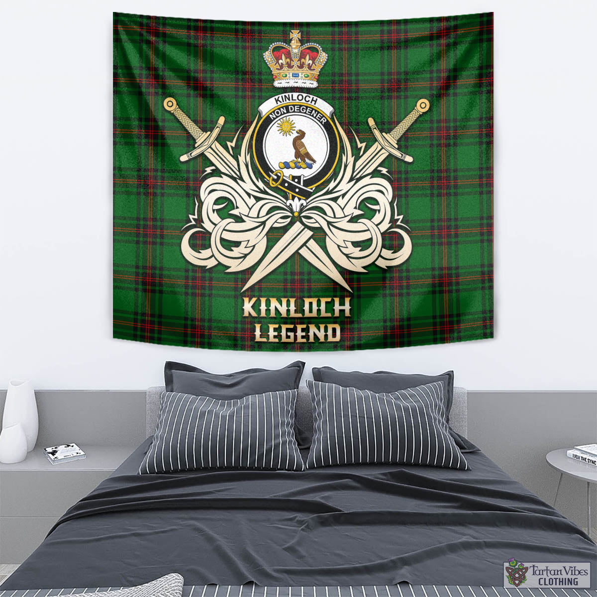 Tartan Vibes Clothing Kinloch Tartan Tapestry with Clan Crest and the Golden Sword of Courageous Legacy