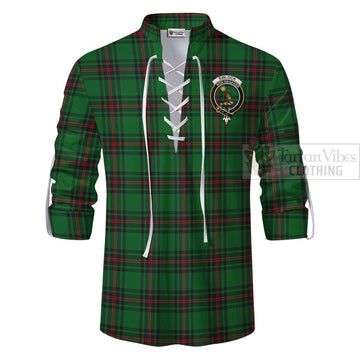 Kinloch Tartan Ghillie Kilt Shirt with Family Crest and Bearded Skull Holding Bottles of Whiskey