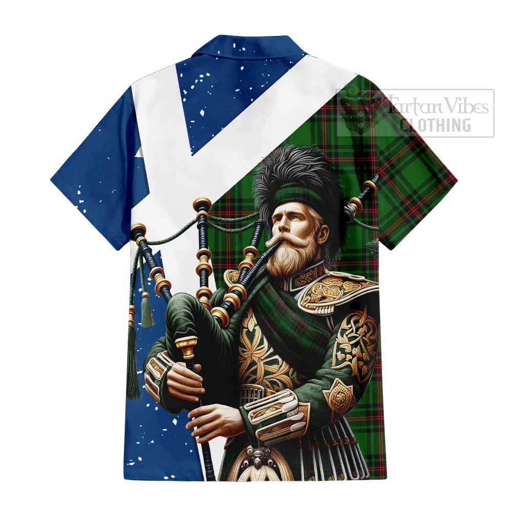 Tartan Vibes Clothing Kinloch Tartan Short Sleeve Button Shirt with Family Crest Scottish Bagpiper Vibes