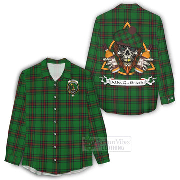 Kinloch Tartan Women's Casual Shirt with Family Crest and Bearded Skull Holding Bottles of Whiskey