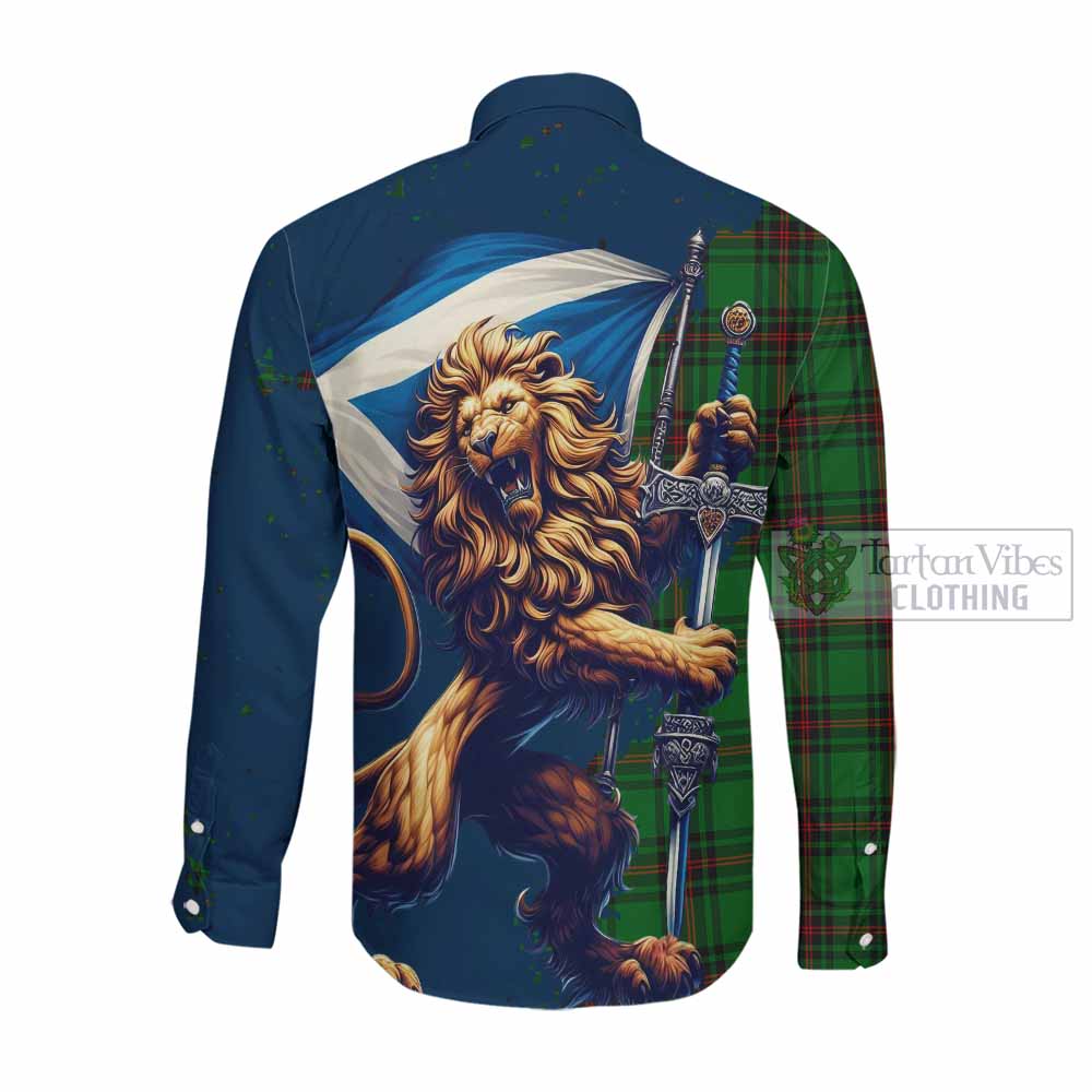 Tartan Vibes Clothing Kinloch Tartan Family Crest Long Sleeve Button Shirt with Scottish Majestic Lion