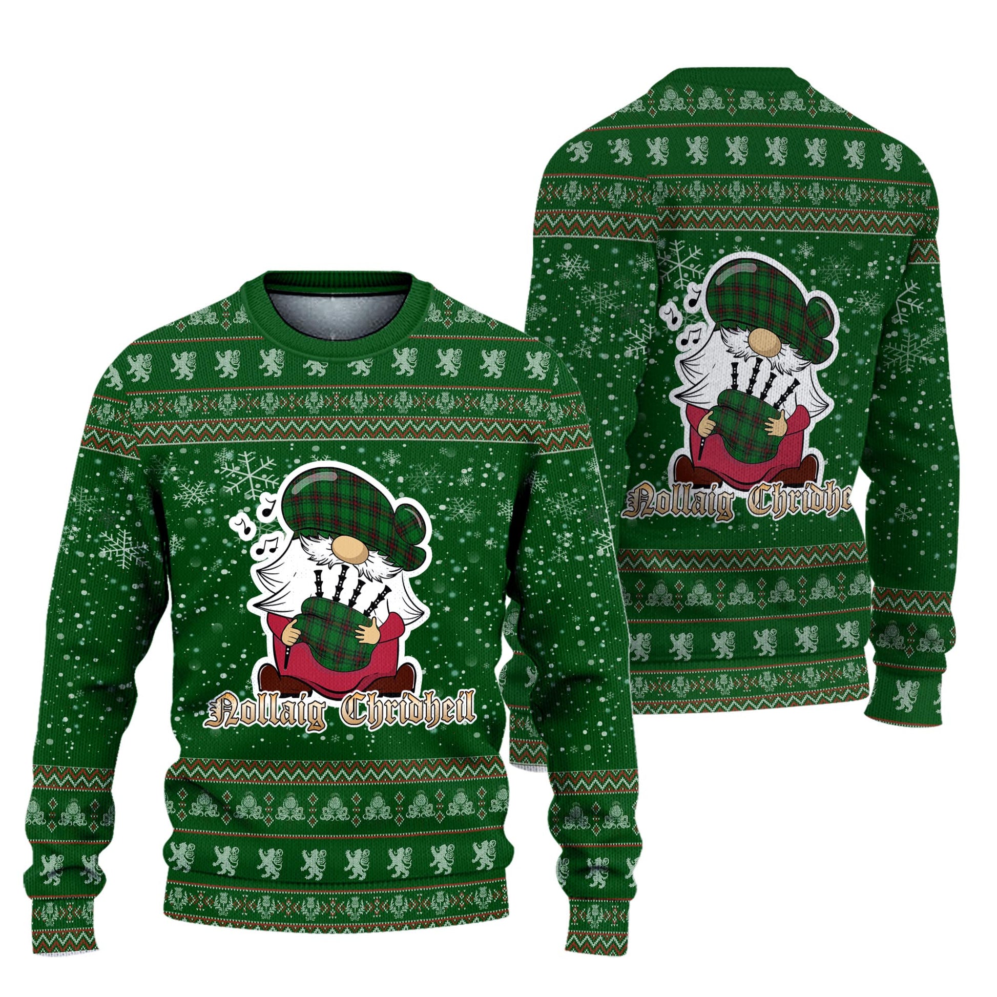 Kinloch Clan Christmas Family Knitted Sweater with Funny Gnome Playing Bagpipes Unisex Green - Tartanvibesclothing