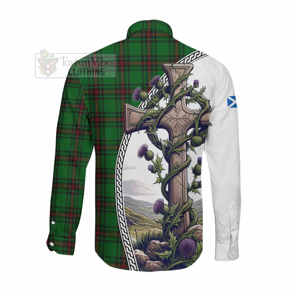 Tartan Vibes Clothing Kinloch Tartan Long Sleeve Button Shirt with Family Crest and St. Andrew's Cross Accented by Thistle Vines