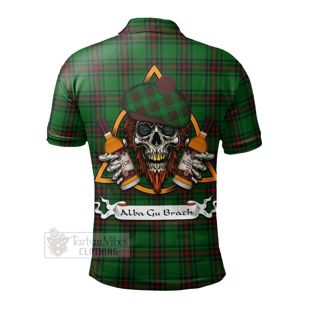 Tartan Vibes Clothing Kinloch Tartan Polo Shirt with Family Crest and Bearded Skull Holding Bottles of Whiskey