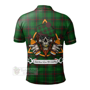 Kinloch Tartan Polo Shirt with Family Crest and Bearded Skull Holding Bottles of Whiskey