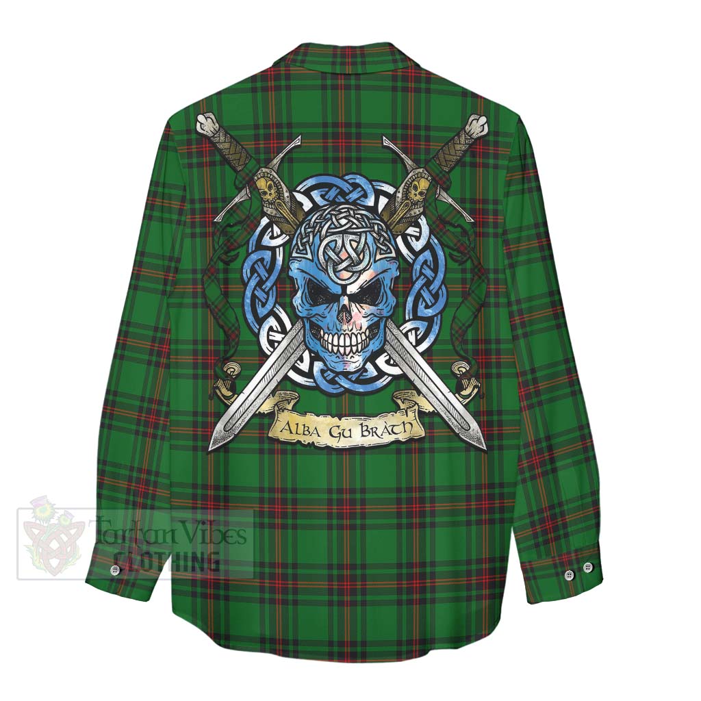 Tartan Vibes Clothing Kinloch Tartan Women's Casual Shirt with Family Crest Celtic Skull Style