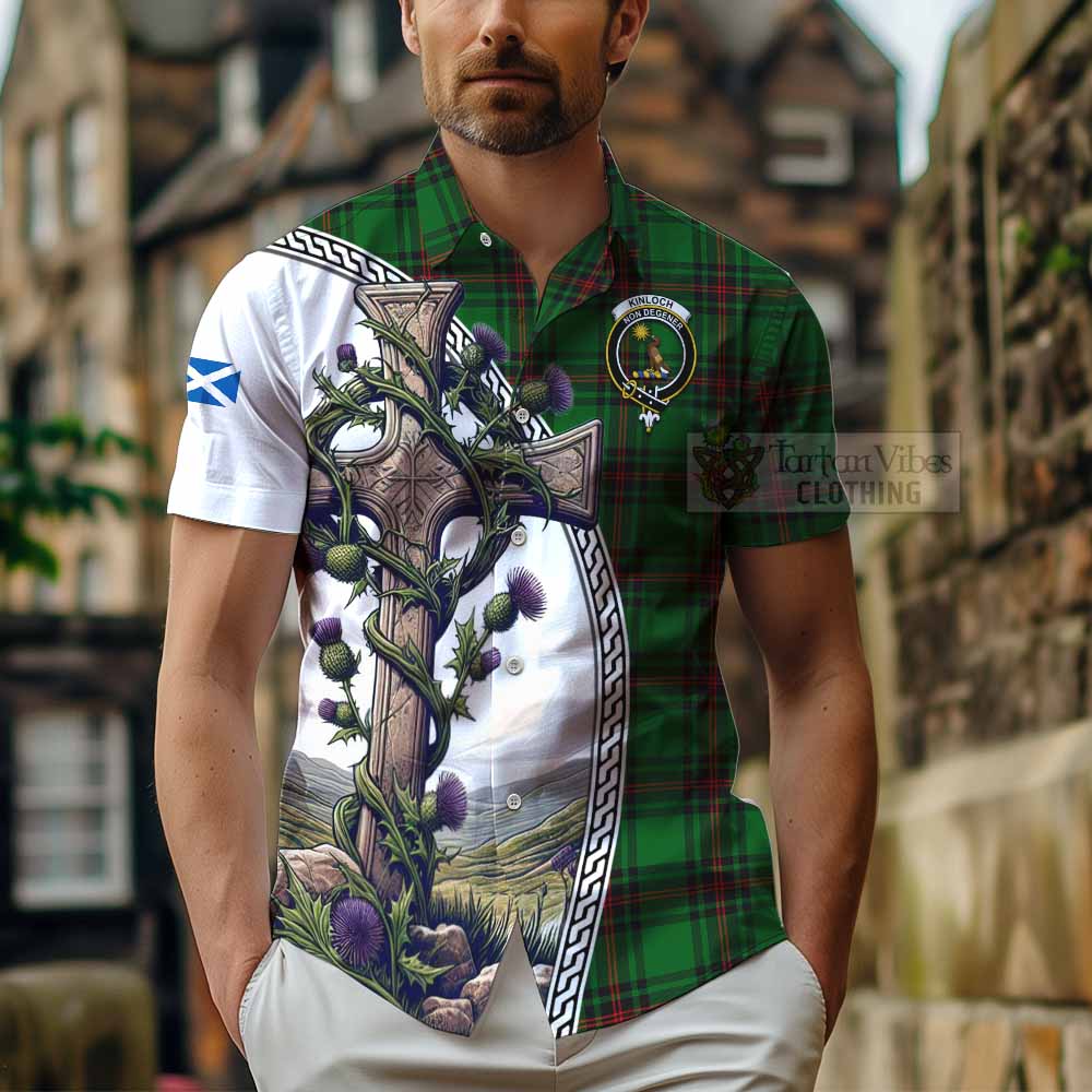 Tartan Vibes Clothing Kinloch Tartan Short Sleeve Button Shirt with Family Crest and St. Andrew's Cross Accented by Thistle Vines