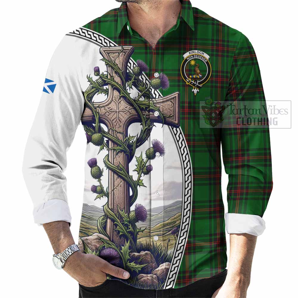 Tartan Vibes Clothing Kinloch Tartan Long Sleeve Button Shirt with Family Crest and St. Andrew's Cross Accented by Thistle Vines