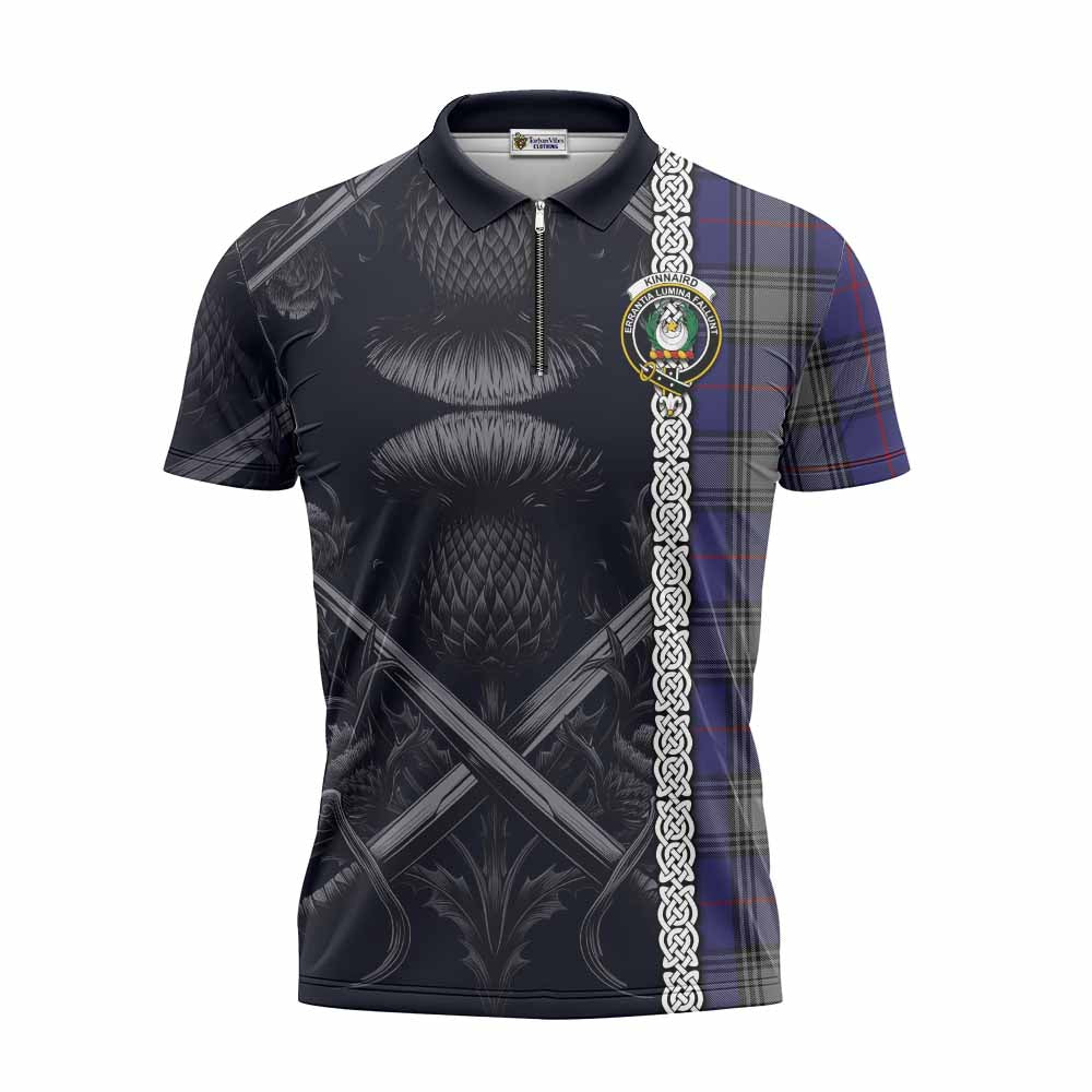 Tartan Vibes Clothing Kinnaird Tartan Zipper Polo Shirt with Family Crest Cross Sword Thistle Celtic Vibes