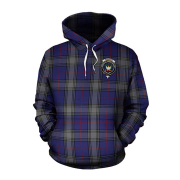 Kinnaird Tartan Cotton Hoodie with Family Crest and Bearded Skull Holding Bottles of Whiskey