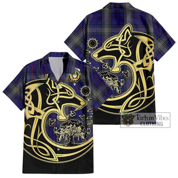 Kinnaird Tartan Short Sleeve Button Shirt with Family Crest Celtic Wolf Style