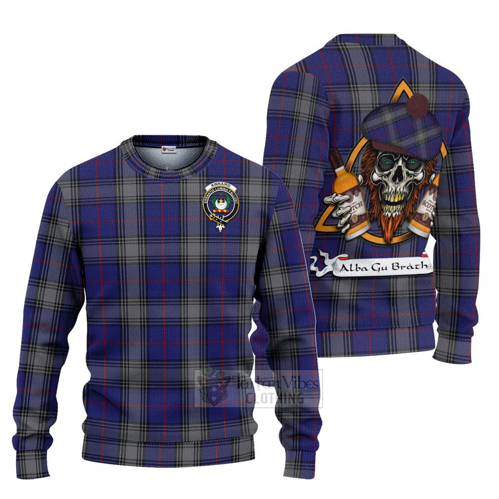 Tartan Vibes Clothing Kinnaird Tartan Knitted Sweater with Family Crest and Bearded Skull Holding Bottles of Whiskey