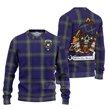 Kinnaird Tartan Ugly Sweater with Family Crest and Bearded Skull Holding Bottles of Whiskey