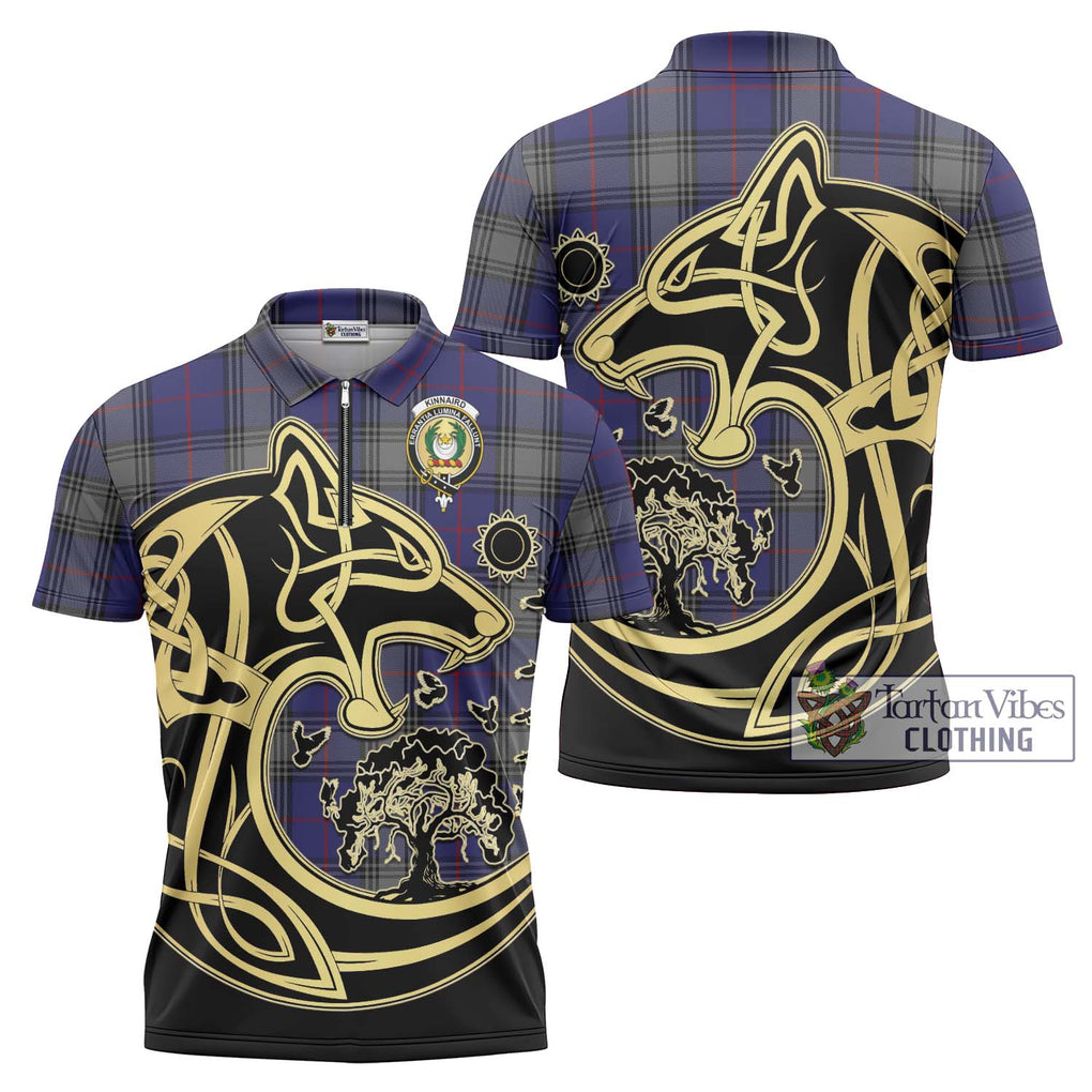 Kinnaird Tartan Zipper Polo Shirt with Family Crest Celtic Wolf Style Unisex - Tartanvibesclothing Shop