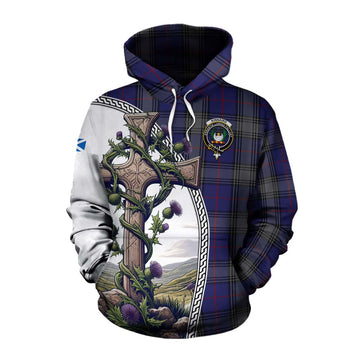 Kinnaird Tartan Cotton Hoodie with Family Crest and St. Andrew's Cross Accented by Thistle Vines