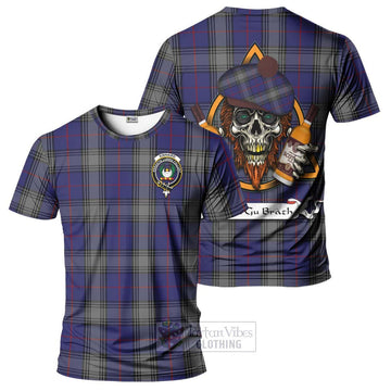 Kinnaird Tartan T-Shirt with Family Crest and Bearded Skull Holding Bottles of Whiskey