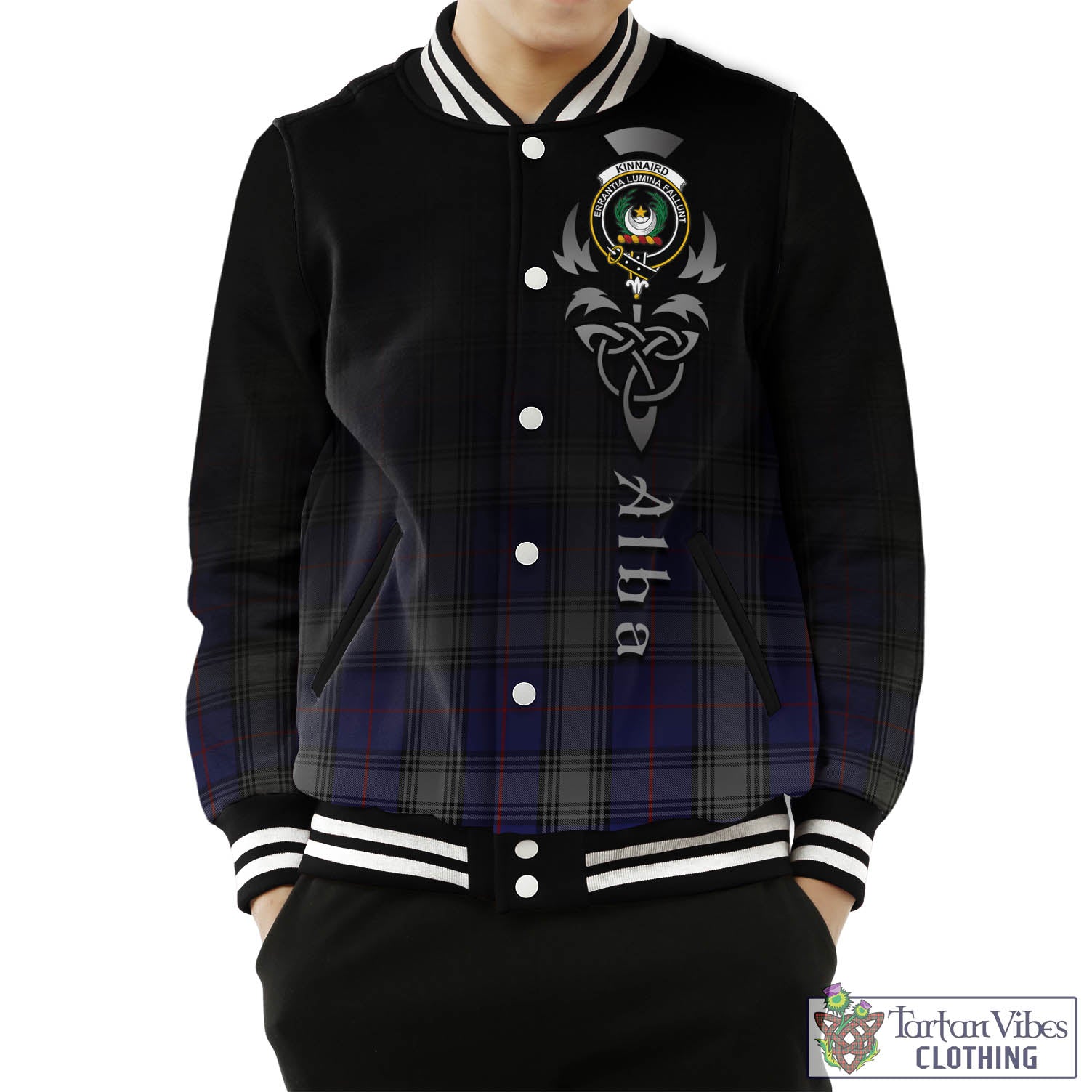 Tartan Vibes Clothing Kinnaird Tartan Baseball Jacket Featuring Alba Gu Brath Family Crest Celtic Inspired