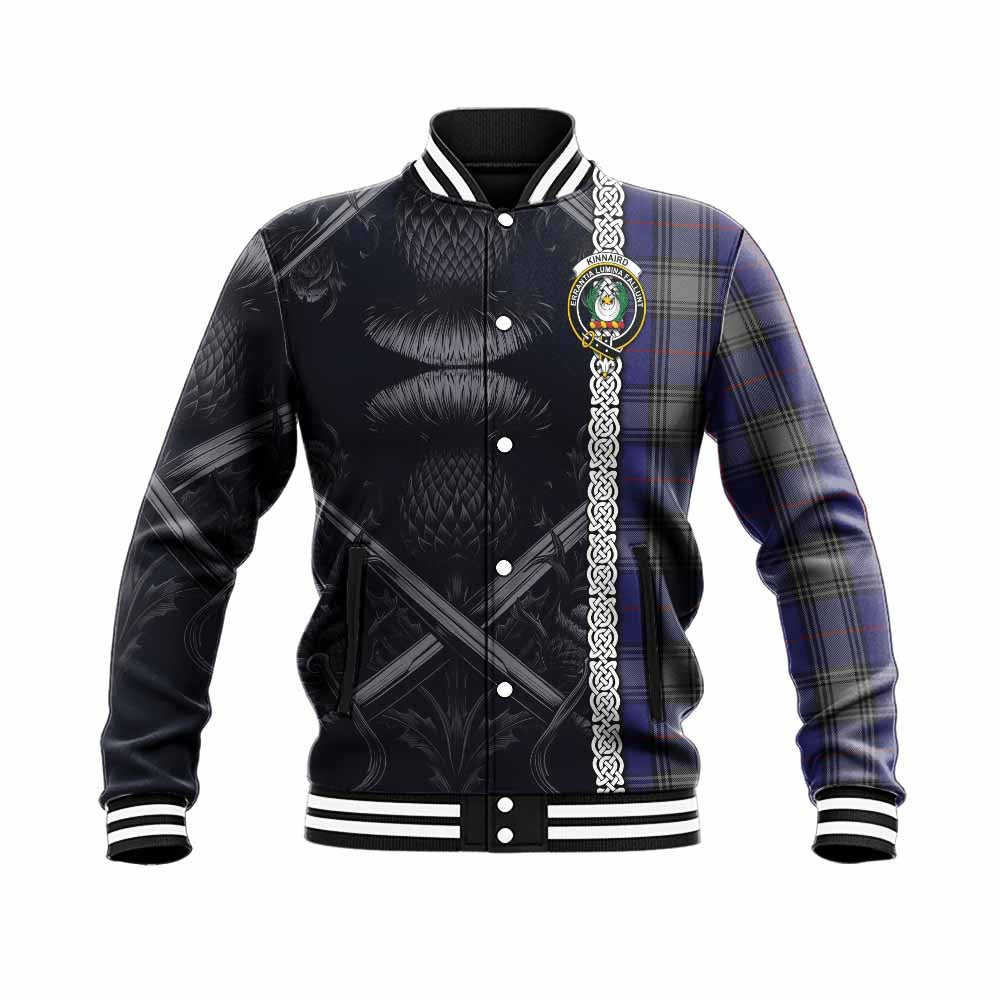 Tartan Vibes Clothing Kinnaird Tartan Baseball Jacket with Family Crest Cross Sword Thistle Celtic Vibes