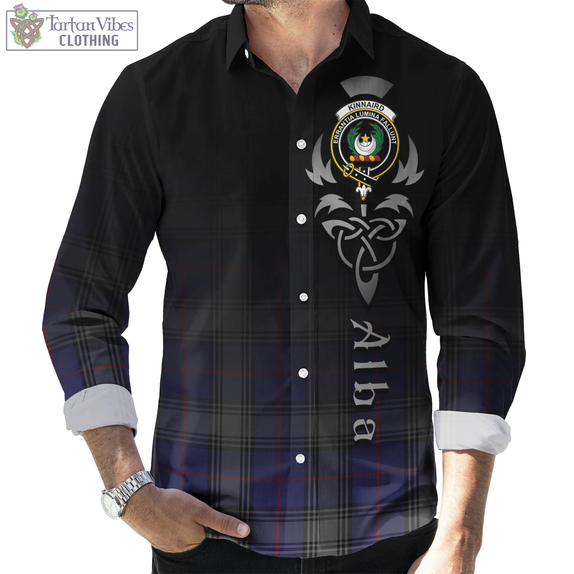 Tartan Vibes Clothing Kinnaird Tartan Long Sleeve Button Up Featuring Alba Gu Brath Family Crest Celtic Inspired