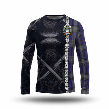 Kinnaird Tartan Long Sleeve T-Shirt with Family Crest Cross Sword Thistle Celtic Vibes