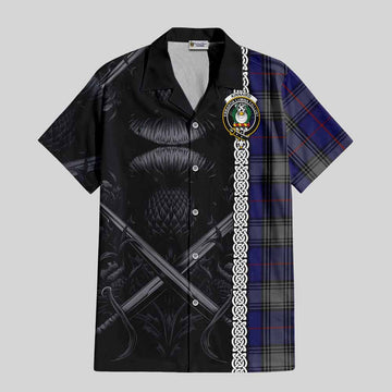 Kinnaird Tartan Short Sleeve Button Shirt with Family Crest Cross Sword Thistle Celtic Vibes