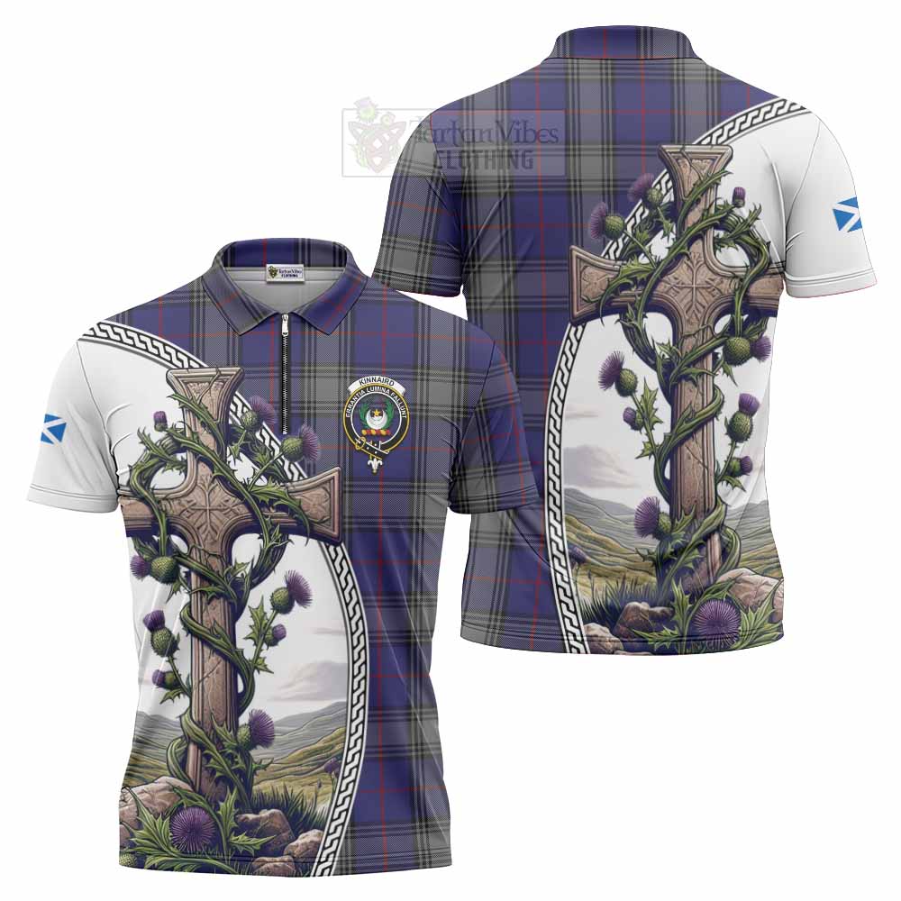 Tartan Vibes Clothing Kinnaird Tartan Zipper Polo Shirt with Family Crest and St. Andrew's Cross Accented by Thistle Vines