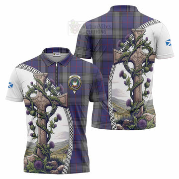 Kinnaird Tartan Zipper Polo Shirt with Family Crest and St. Andrew's Cross Accented by Thistle Vines