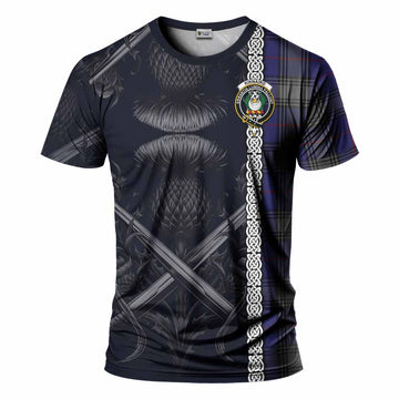 Kinnaird Tartan T-Shirt with Family Crest Cross Sword Thistle Celtic Vibes