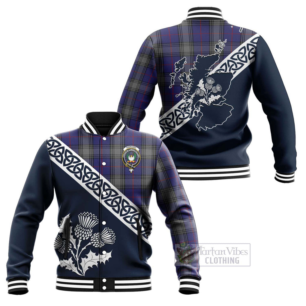 Tartan Vibes Clothing Kinnaird Tartan Baseball Jacket Featuring Thistle and Scotland Map