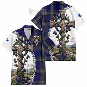 Kinnaird Tartan Short Sleeve Button Shirt with Family Crest and St. Andrew's Cross Accented by Thistle Vines