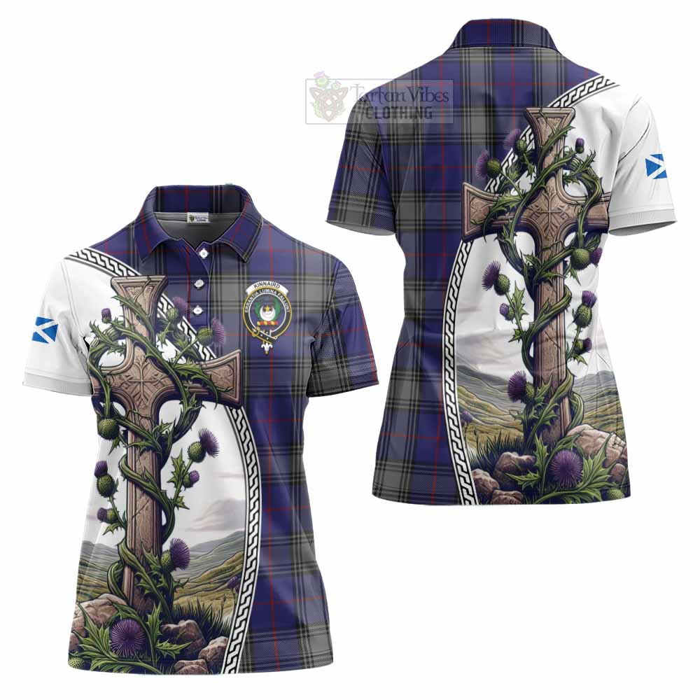 Tartan Vibes Clothing Kinnaird Tartan Women's Polo Shirt with Family Crest and St. Andrew's Cross Accented by Thistle Vines