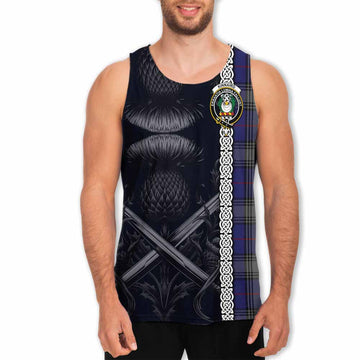 Kinnaird Tartan Men's Tank Top with Family Crest Cross Sword Thistle Celtic Vibes