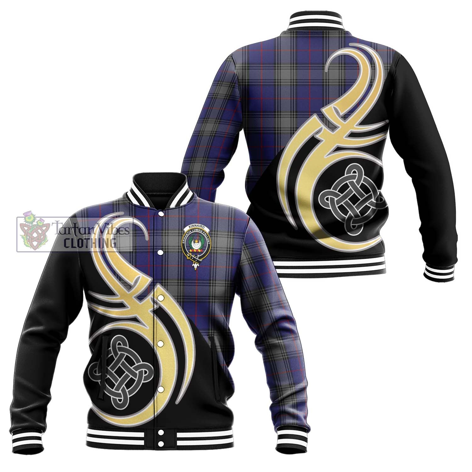 Kinnaird Tartan Baseball Jacket with Family Crest and Celtic Symbol Style Unisex - Tartan Vibes Clothing