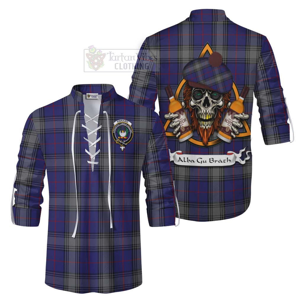 Tartan Vibes Clothing Kinnaird Tartan Ghillie Kilt Shirt with Family Crest and Bearded Skull Holding Bottles of Whiskey