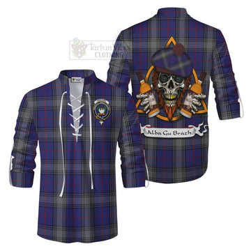 Kinnaird Tartan Ghillie Kilt Shirt with Family Crest and Bearded Skull Holding Bottles of Whiskey