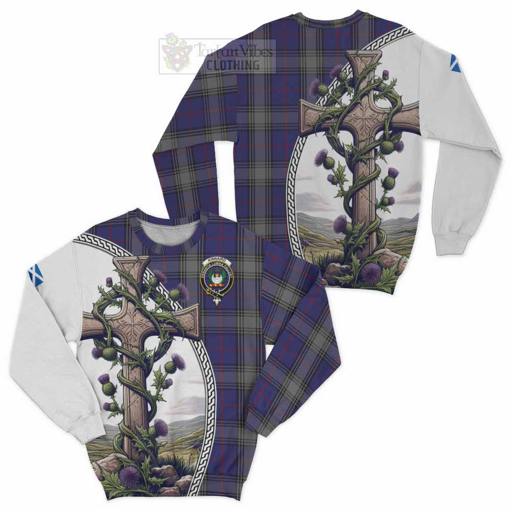 Tartan Vibes Clothing Kinnaird Tartan Sweatshirt with Family Crest and St. Andrew's Cross Accented by Thistle Vines