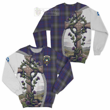 Kinnaird Tartan Sweatshirt with Family Crest and St. Andrew's Cross Accented by Thistle Vines