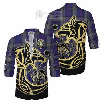 Kinnaird Tartan Ghillie Kilt Shirt with Family Crest Celtic Wolf Style