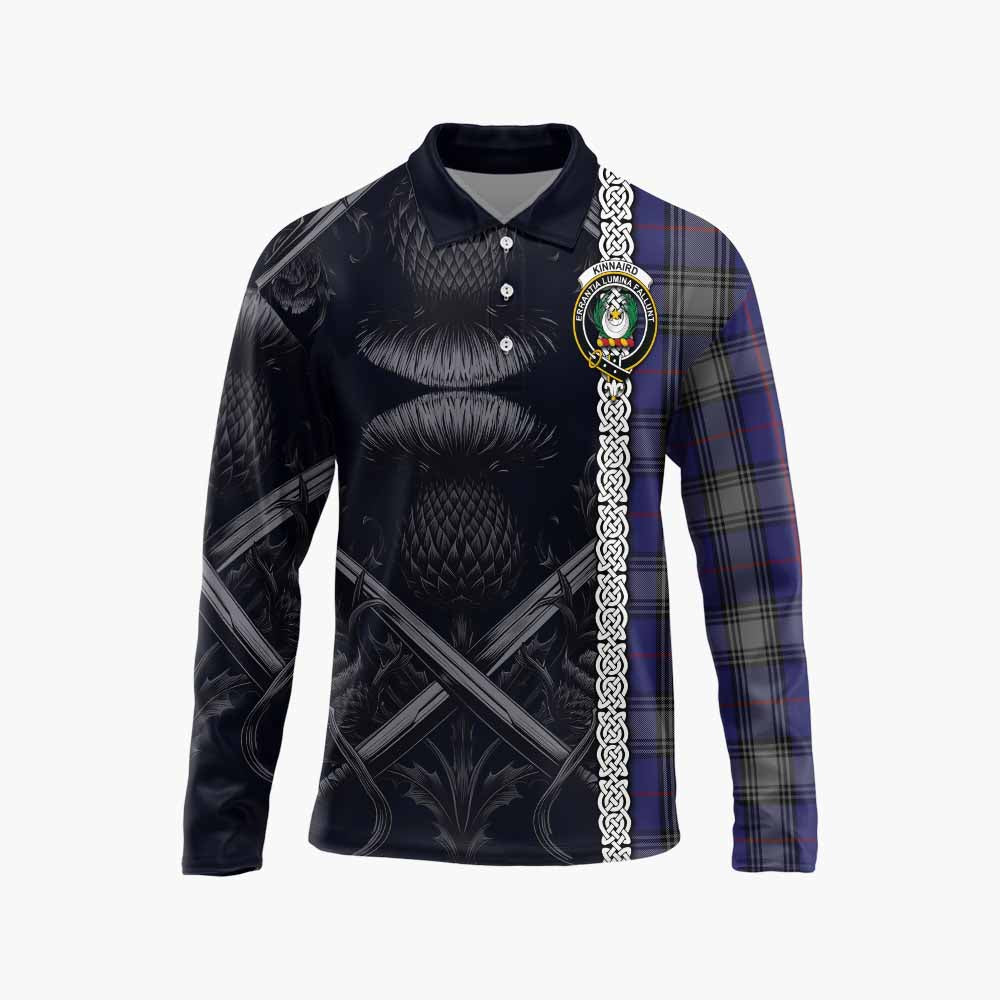 Tartan Vibes Clothing Kinnaird Tartan Long Sleeve Polo Shirt with Family Crest Cross Sword Thistle Celtic Vibes