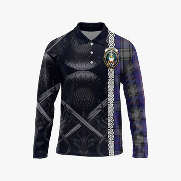 Kinnaird Tartan Long Sleeve Polo Shirt with Family Crest Cross Sword Thistle Celtic Vibes