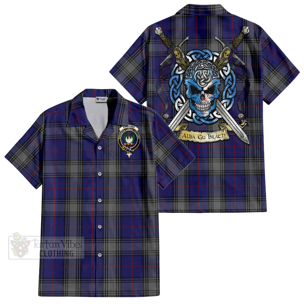 Tartan Vibes Clothing Kinnaird Tartan Short Sleeve Button Shirt with Family Crest Celtic Skull Style