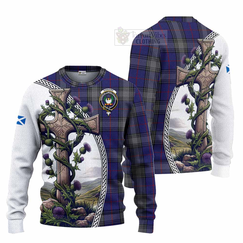 Tartan Vibes Clothing Kinnaird Tartan Knitted Sweater with Family Crest and St. Andrew's Cross Accented by Thistle Vines