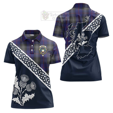 Kinnaird Tartan Women's Polo Shirt Featuring Thistle and Scotland Map