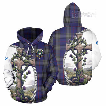 Kinnaird Tartan Hoodie with Family Crest and St. Andrew's Cross Accented by Thistle Vines