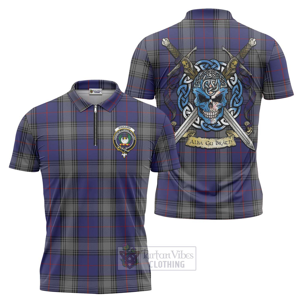 Tartan Vibes Clothing Kinnaird Tartan Zipper Polo Shirt with Family Crest Celtic Skull Style